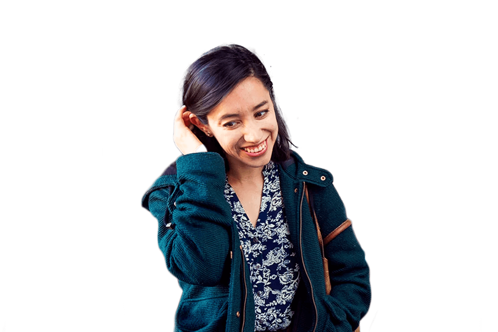 Woman smiling looking down and to her right