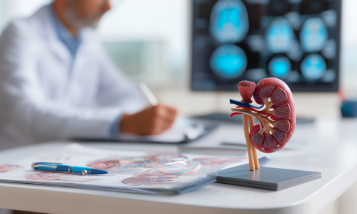 A model of a human kidney on a doctor's desk, with a blurred healthcare professional writing notes in the background and medical brain scans visible on a computer screen.