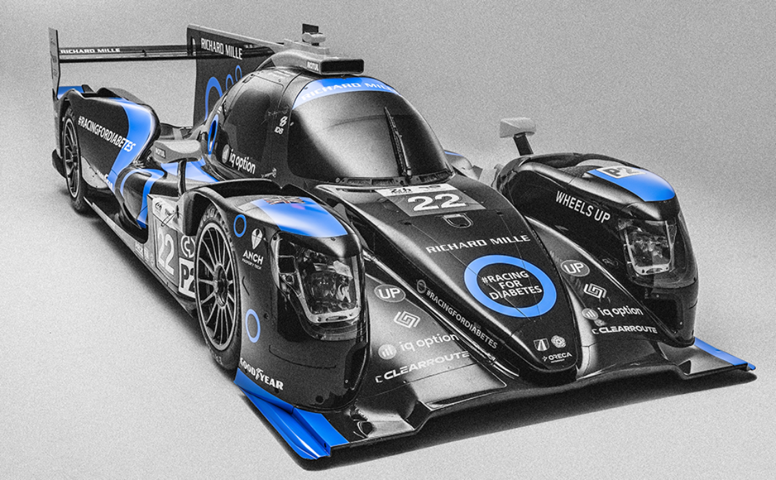 United Autosports #22 Le Mans race car featuring #RacingforDiabetes branding and blue diabetes awareness circles.