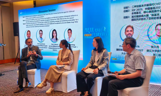 Professor Rayaz Malik participates in a panel discussion with Chinese diabetes experts during the IDF Scientific Exchange Tour in China, with a presentation screen displayed in the background.