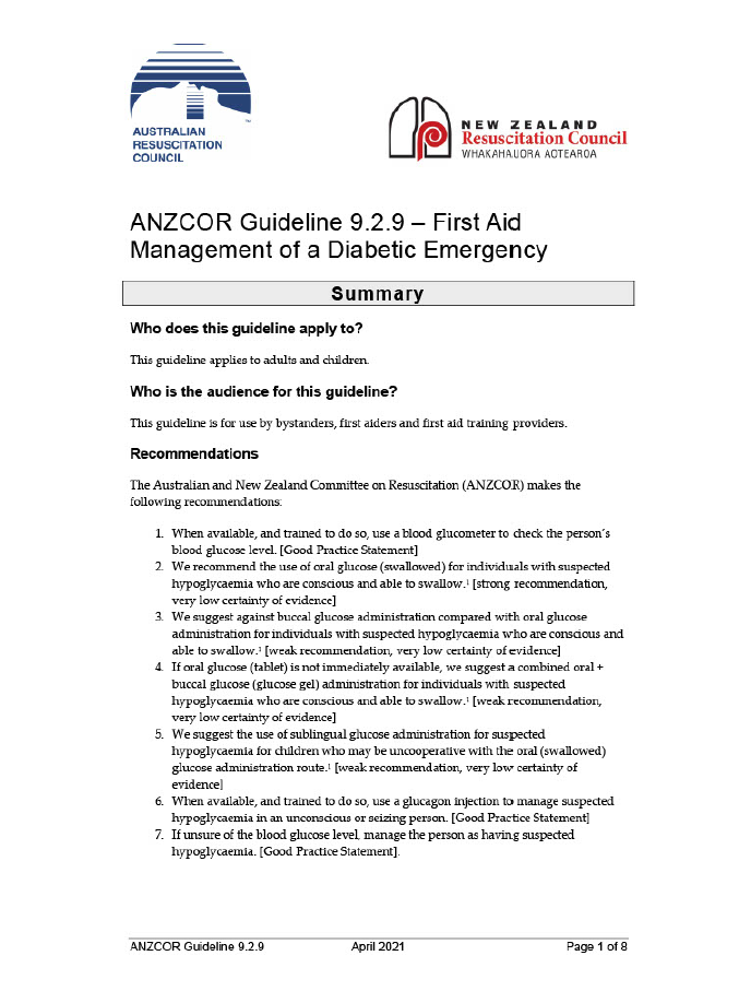 ANZCOR Guideline 9.2.9 First aid management of a diabetes emergency ...